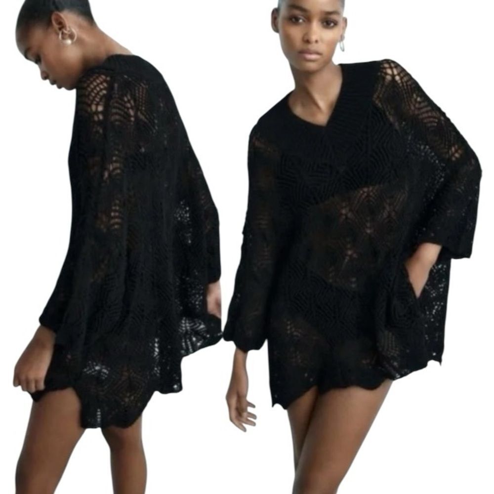 Zara Pointelle Open Knit Sweater Crochet Swim Cover Up Black Oversized XL NWT